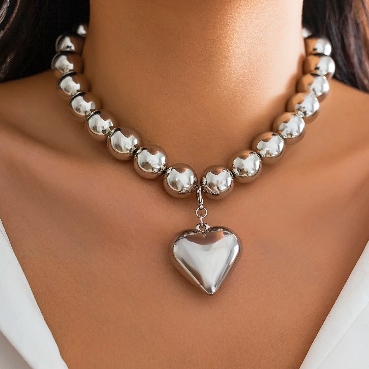 Salircon Big CCB Ball Beaded Chain Heart Shape Pendant Necklace for Women Gold Color Trendy Clavicle Choker Necklace  Jewelry