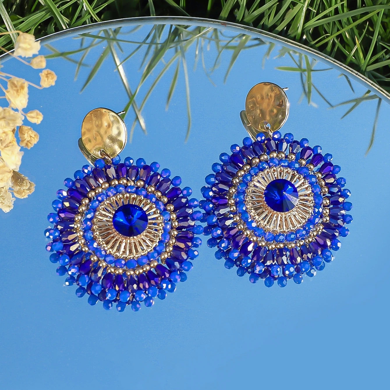 Bohemian Handmade Colorful Crystal Beads Flower Earrings for Women Trendy Ethnic Rhinestone Drop Earrings Summer Party Jewelry