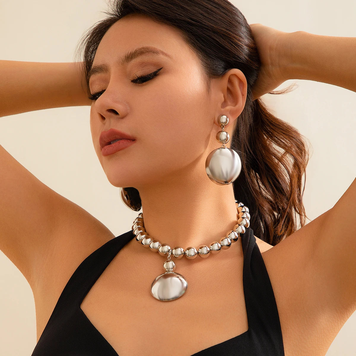 Exaggerated Large Half Ball Bead Pendant Necklace Punk Acrylic CCB Ball Bead Chain Choker Women's Banquet Party Jewelry Set