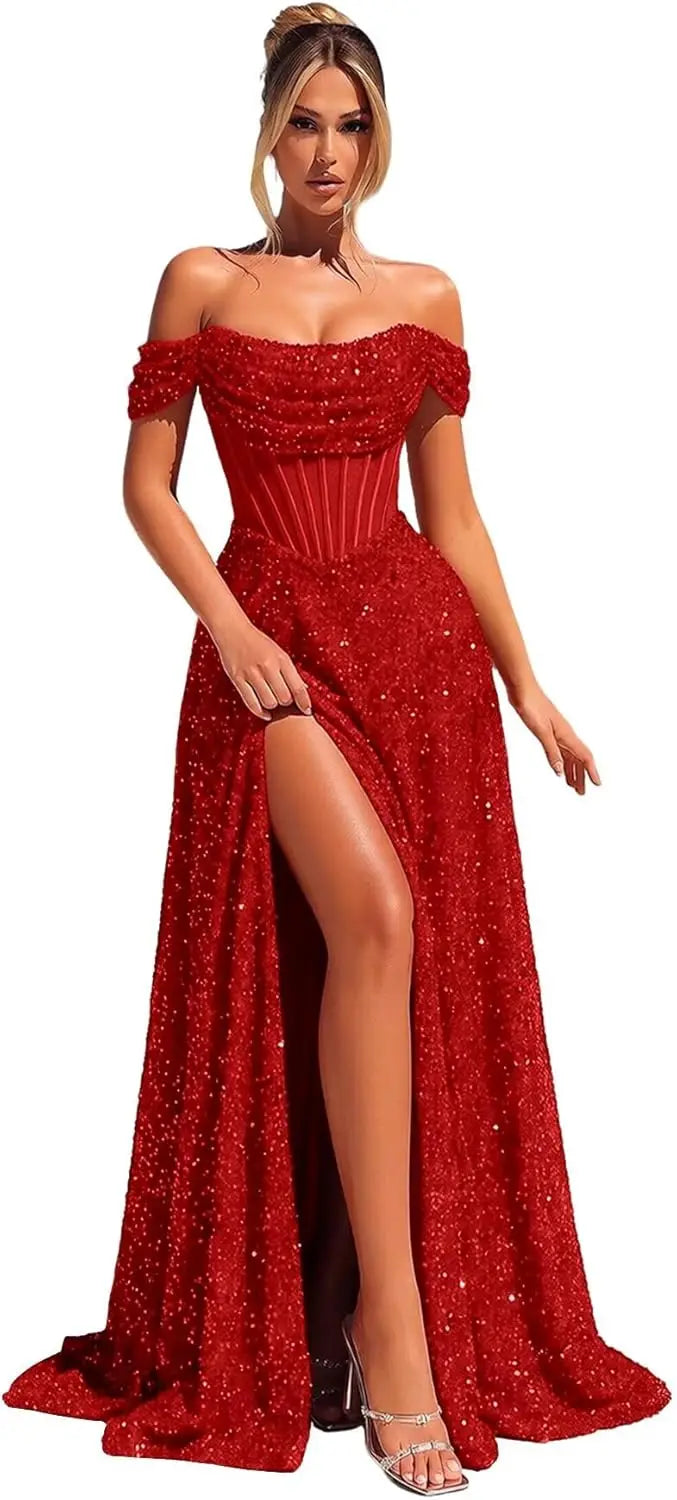 Customized Sparkly Sequins Prom Dresses for Women Off Shoulder Strapless A Line Formal Evening Dress with Side Slit