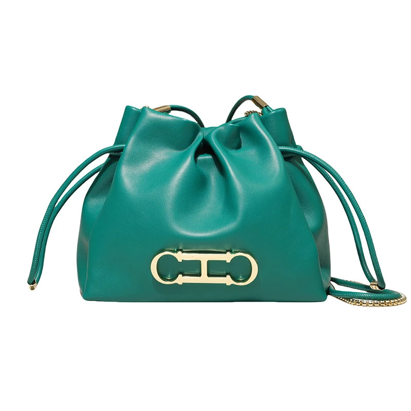 Elegant Drawstring Bucket Bag 2026 Shoulder Handbag with Gold CH Logo Versatile Chain Strap Crossbody Purse for Ladies
