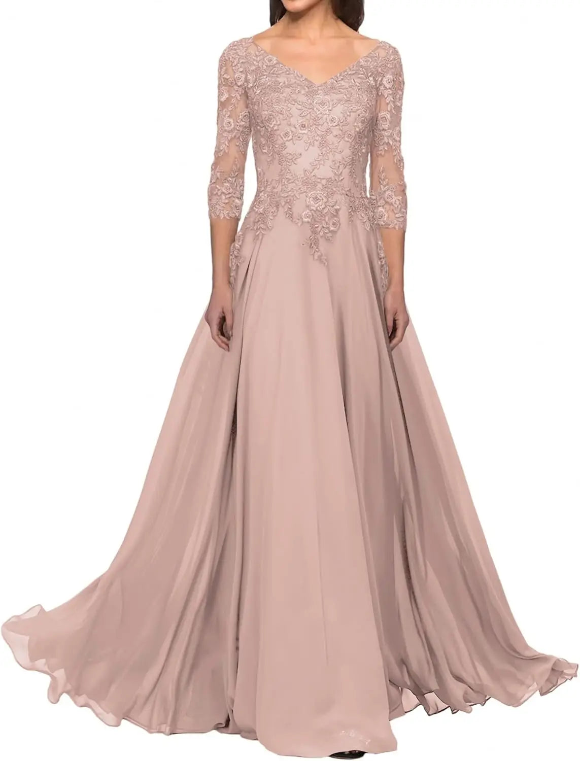 Elegant V Neck Lace Applique 3/4 Sleeve Mother of The Bride Dresses Chiffon A-Line Formal Evening Party Gowns