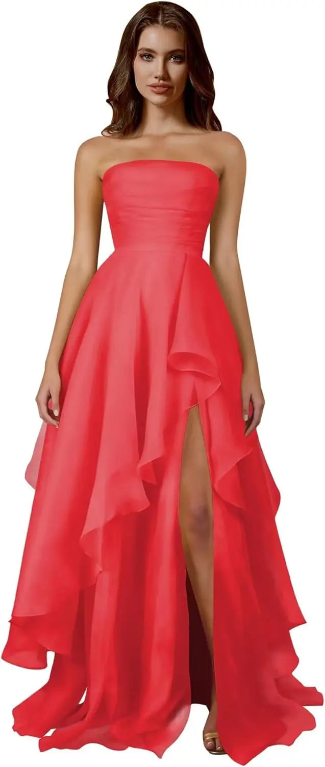 Strapless Tiered Prom Dresses Long Ruffle Tulle A Line Evening Ball Gown Dresses with Slit