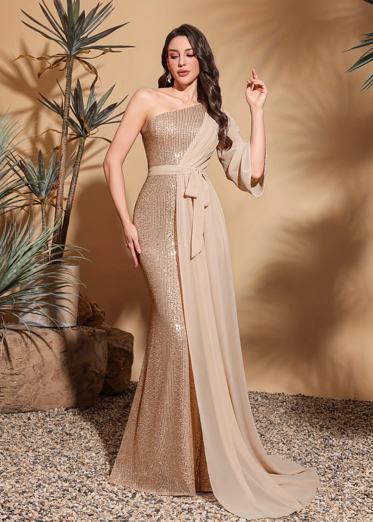 Sequined one-shoulder chiffon patchwork belt-decorated hip dress