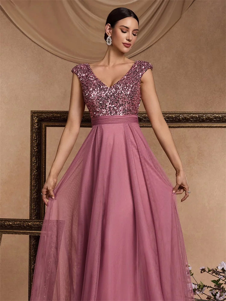 Luxury V-neck Chiffon Pink Evening Dresses
