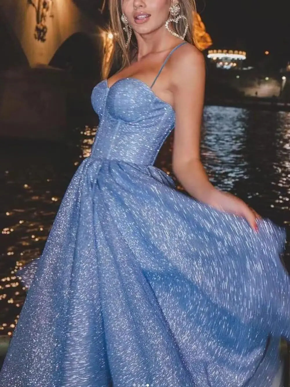 A Line Glitter Tea Length Formal Evening Cocktail Party Dresses for Women, Sequined Spaghetti Midi Corset Prom Gowns Cocktail
