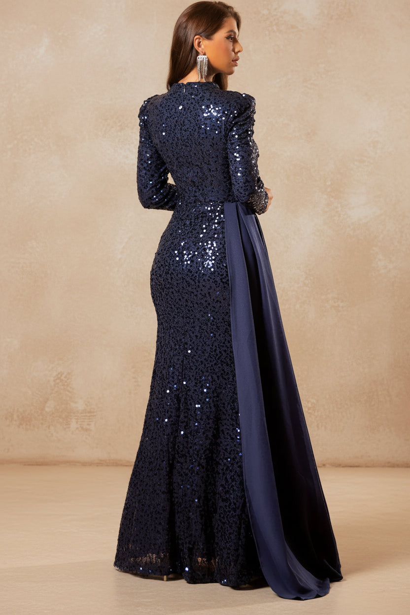 Full Sleeved Navy Sequined Evening Gown Side Ribbon Stand Collar Formal Dresses for Women