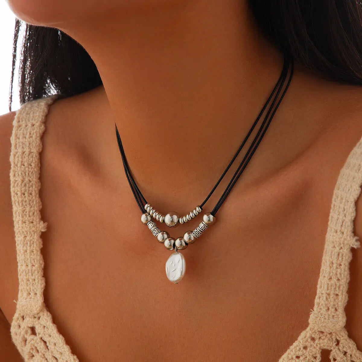 KunJoe Vintage Multilayer Leather Rope Chain Plastic Beads Choker Short Necklace Women Simple Imitation Pearl Pendant Necklace