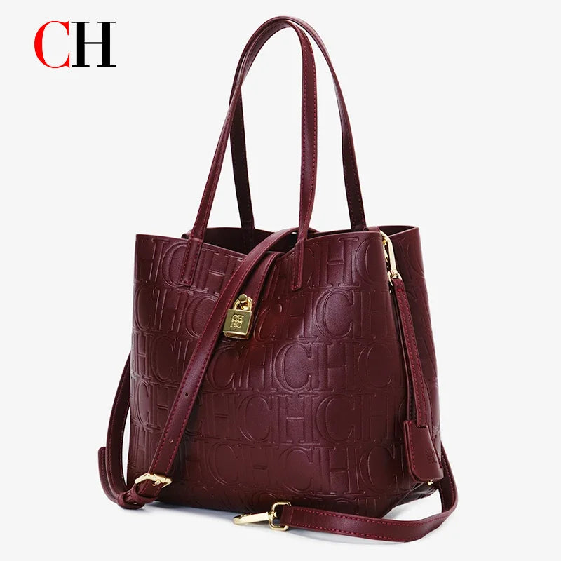 CH High Quality Fashion Ladies Shoulder Bag Senior Sense Pure Colour Letter Print Design Temperament Tote Bag Large Capacity