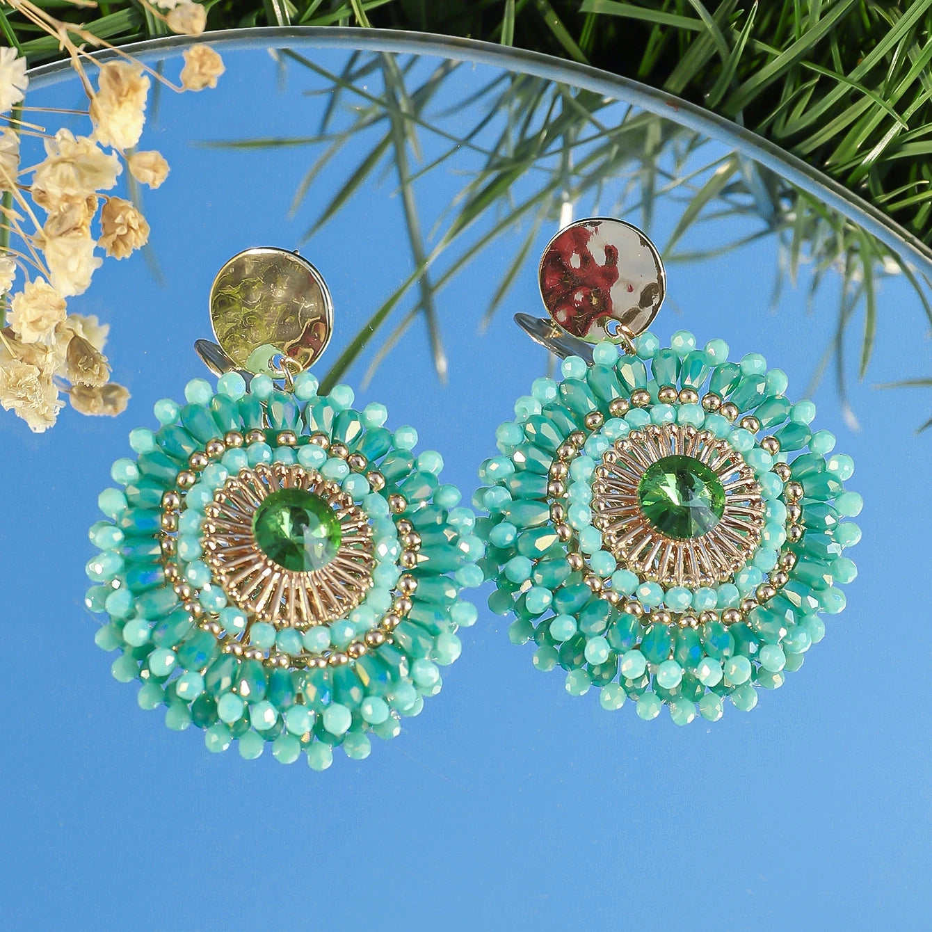Bohemian Handmade Colorful Crystal Beads Flower Earrings for Women Trendy Ethnic Rhinestone Drop Earrings Summer Party Jewelry