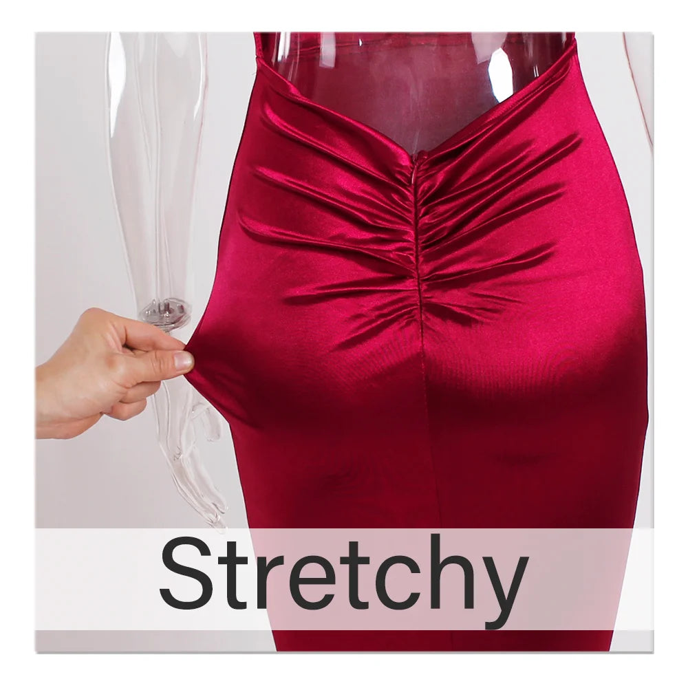 Romagic Burgundy Satin V Neck Evening Gown Bridesmaid Dresses Spaghetti Strap Floor Length Padded Stretchy Wedding Party Dress