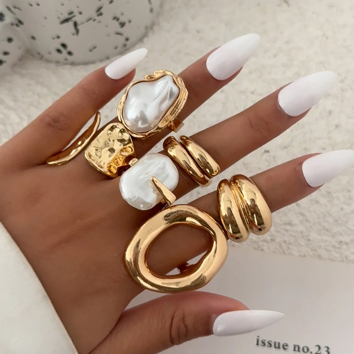 Ingemark 6Pcs/Set Boho Imitation Pearls Metal Ring Women Trendy Punk Irregular Geometry Hollow Wide Knuckle Ring Set New Jewelry