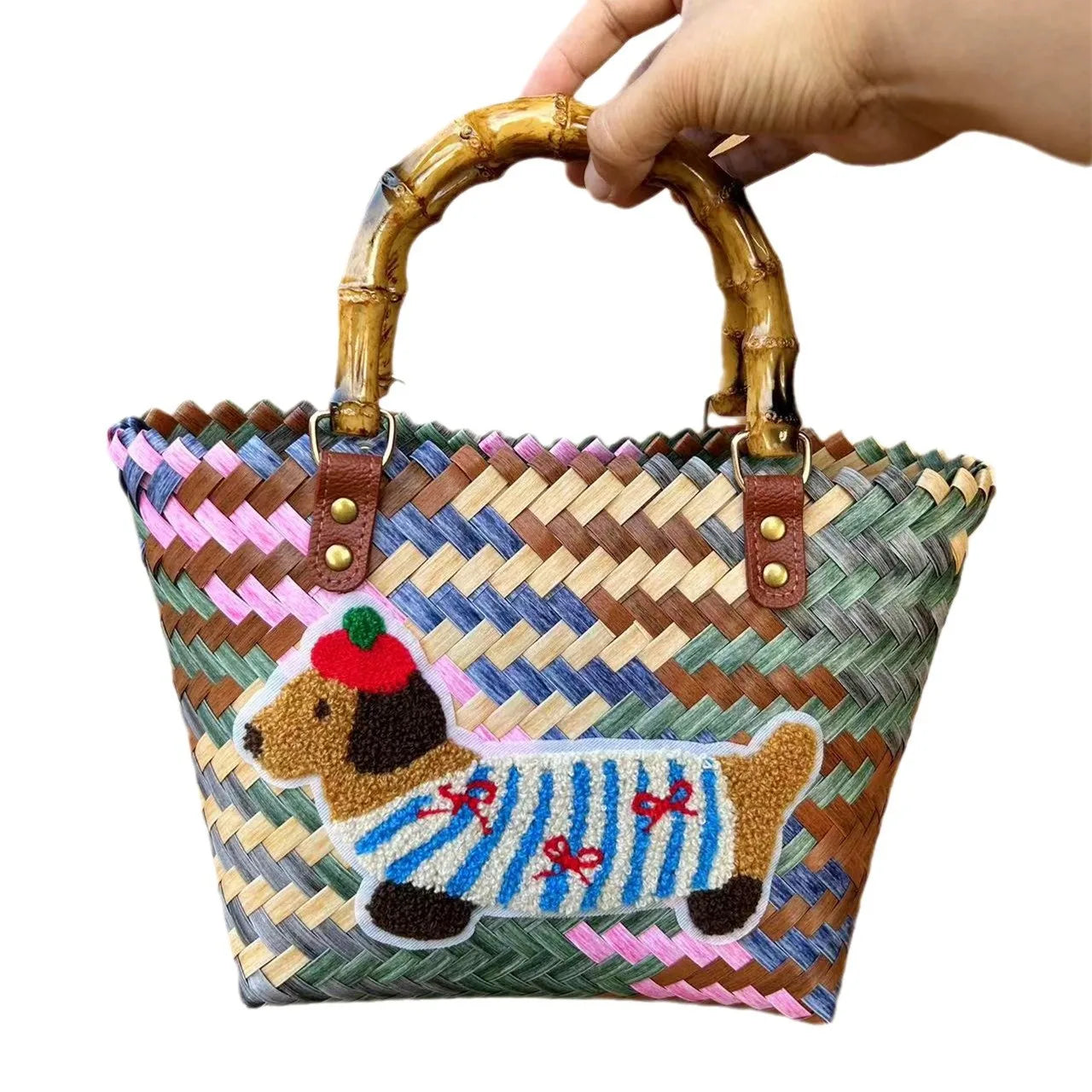 Retro Striped Dachshund Dog Woven Bag Handbag Nylon Rope Pendant Tote Bag Hand Bag Women's Bag Beach Bag