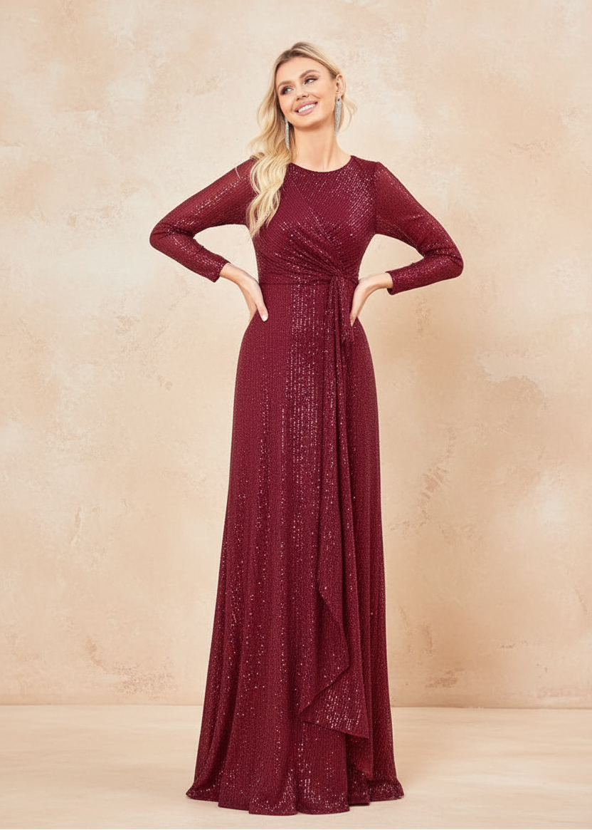 elegant Long Sleeve O-Neck Red Sequins Evening Dress Luxury 2024 Women Wedding Party Prom Cocktail Dress Graduation Gowns