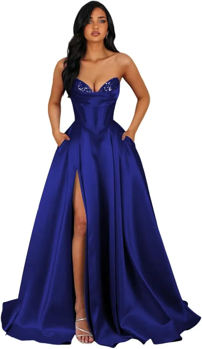 Strapless Sequin Prom Dresses Long with Slit Satin Formal Party Dress