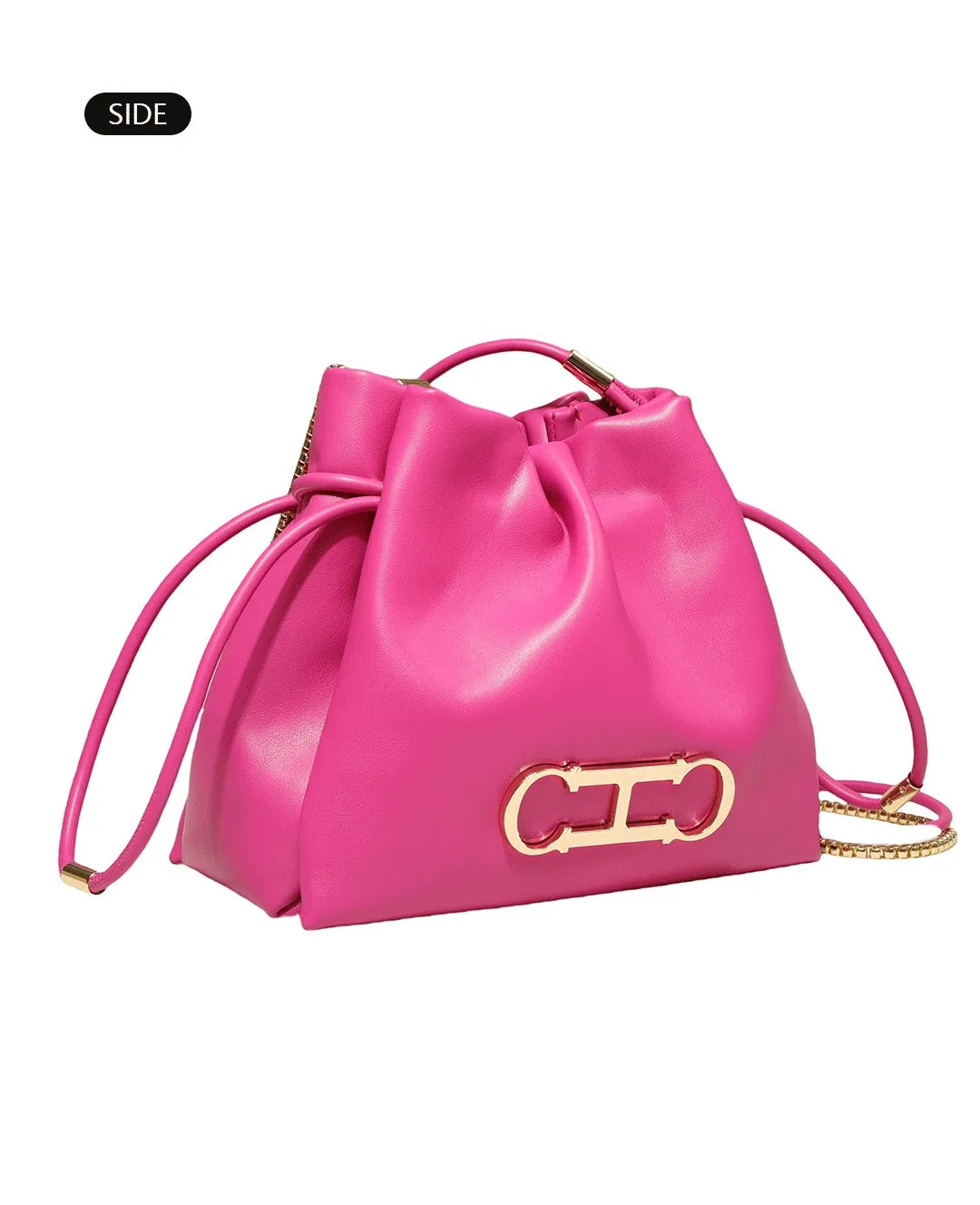 Elegant Drawstring Bucket Bag 2026 Shoulder Handbag with Gold CH Logo Versatile Chain Strap Crossbody Purse for Ladies