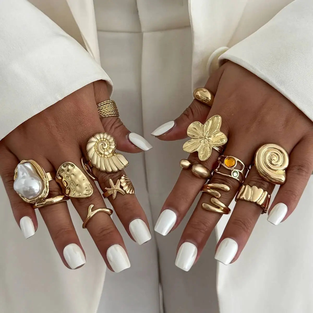 Salircon 14 Pcs/Set Hip Hop Creative Flower Conch Rings for Women Men Punk Gold Color Imitation Pearl Knuckle Joint Ring Jewelry