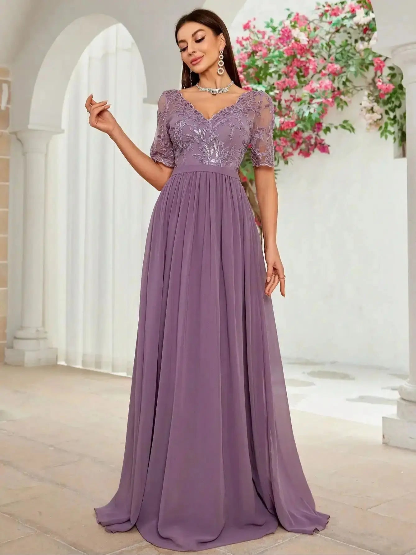 MgiacyV-neck embroidered lace cross irregular lace short sleeves splicing chiffon long skirt