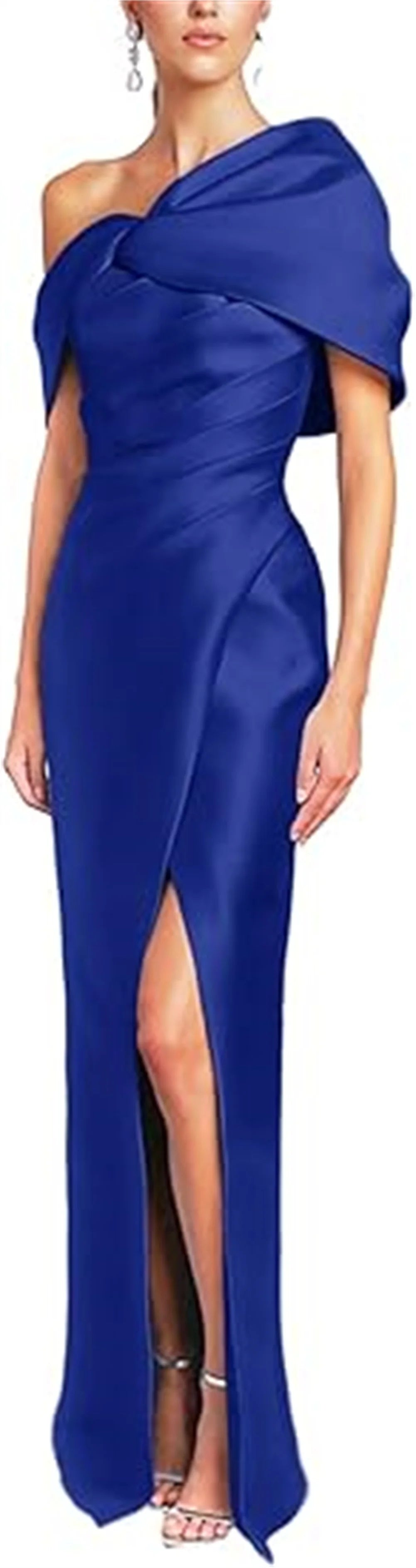 Women Mermaid Satin Floor Length Evening Gowns Sheath High Side Slit One Shoulder Ruched Backless Wedding Guest Dress