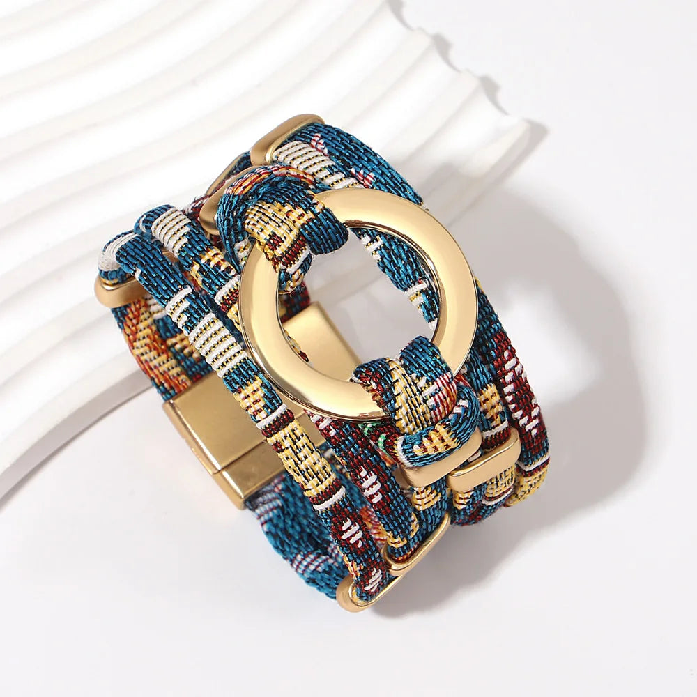ALLYES Vintage Hollow Round Weave Leather Bracelet for Women Men Ethnic Pattern Multilayer Wrap Wide Bracelets Boho Jewelry