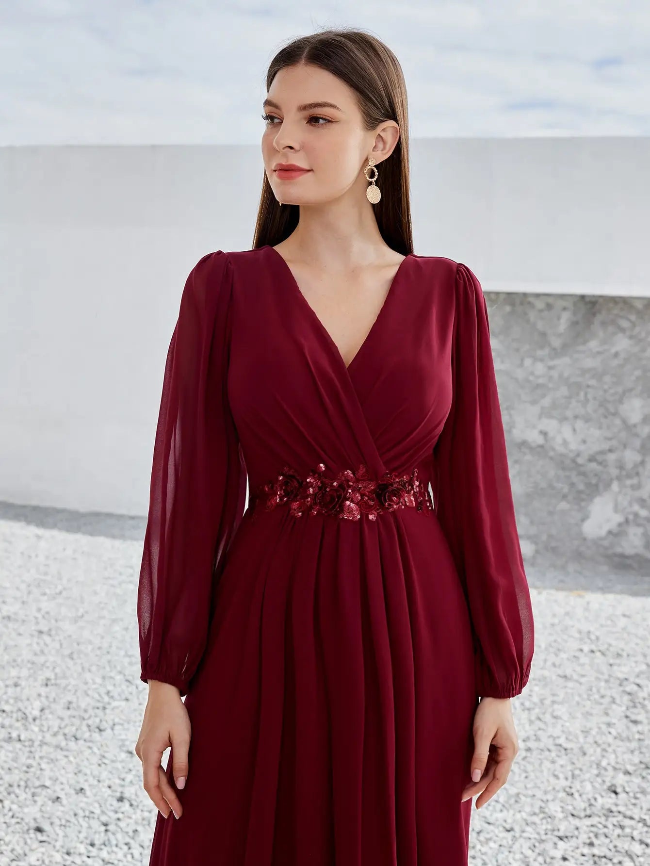 Mgiacy V-neck long sleeve beaded print extra long chiffon Dress