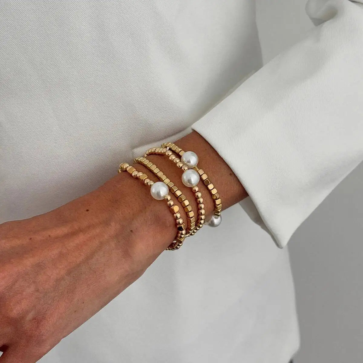 Salircon 4 Pcs/Set Bohemian Imitation Pearl CCB Beaded Bracelets for Women Vintage Handmade Stretch Bangle Couple Trendy Jewelry
