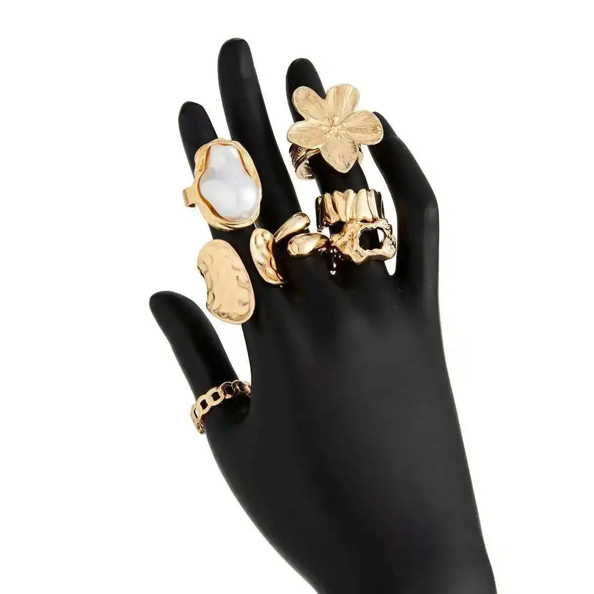 KunJoe 7Pcs/Set Imitation Pearl White Flower Open Ring for Women Trendy Geometry Water Drop Adjustable Finger Ring Jewelry Gift