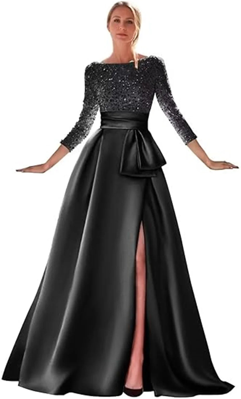 Long Sleeves Mother Of The Bride Dresses For Wedding Sparkly Sequin Ball Gowns Side Slit Satin Formal Party Prom Gown