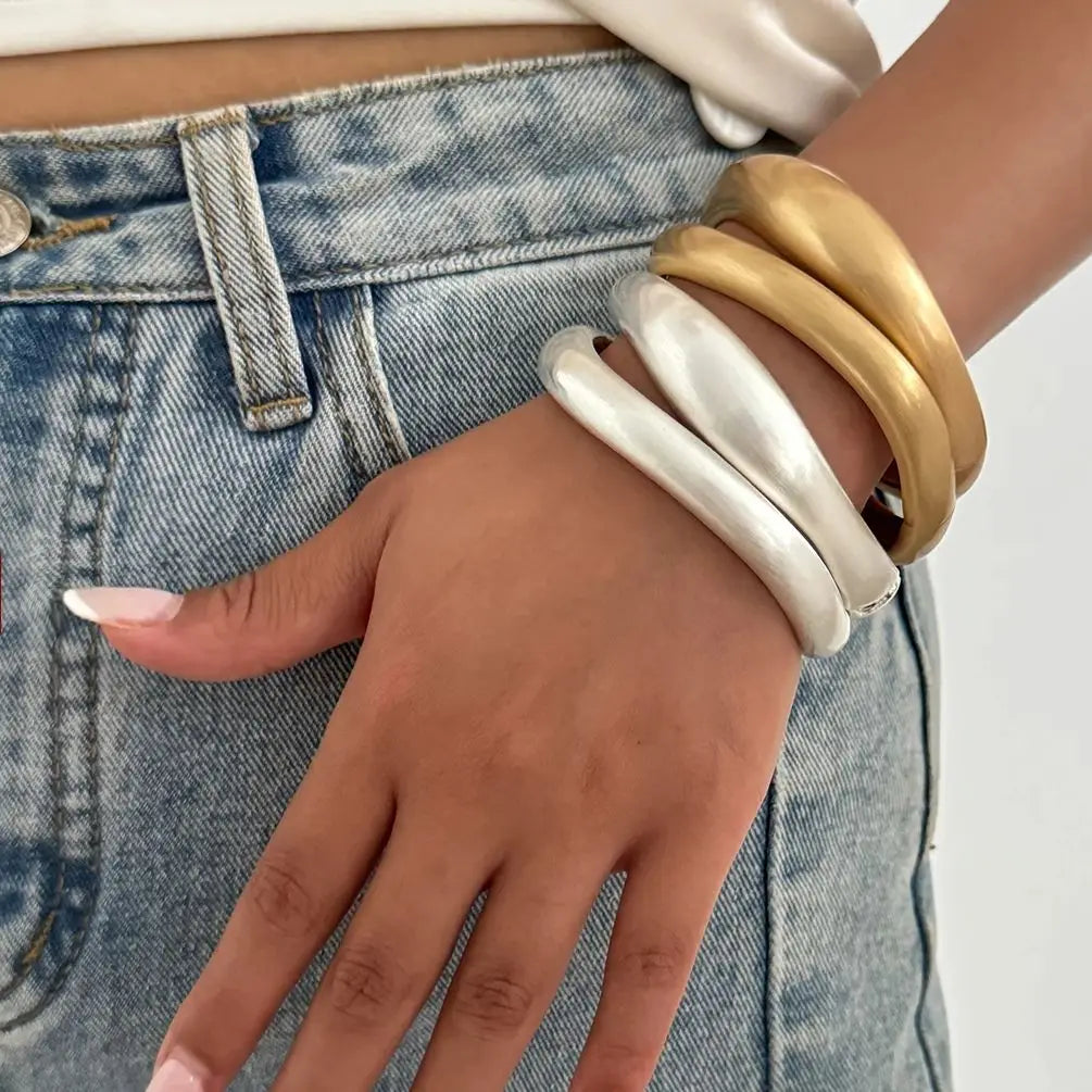 Salircon Punk Geometric Chunky Heavy Frosted Metal Bracelets Woman Jewelry Hip Hop Simple Open Cuff Spring Bangles Mujer Jewelry