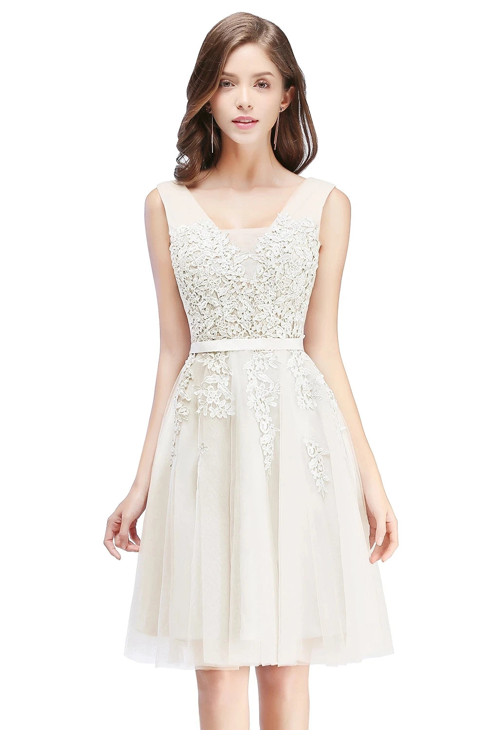 BABYONLINE Burgundy Bridesmaid Dresses with Lace Appliqué, V-Back & Flowy Tulle Skirt for Weddings,Elegant Short Party Dress