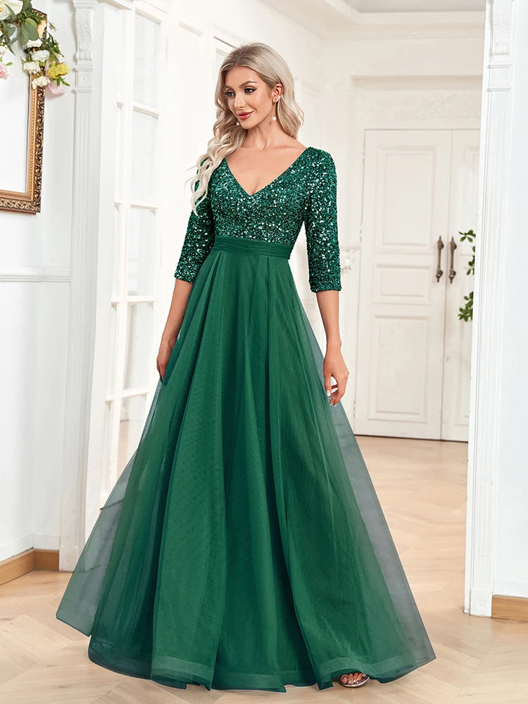 Luxury Green Floor Length V-Neck Evening Dress 2025 Women Elegant Party Maxi Dress Sequin Short Sleeves Prom Cocktail Gowns