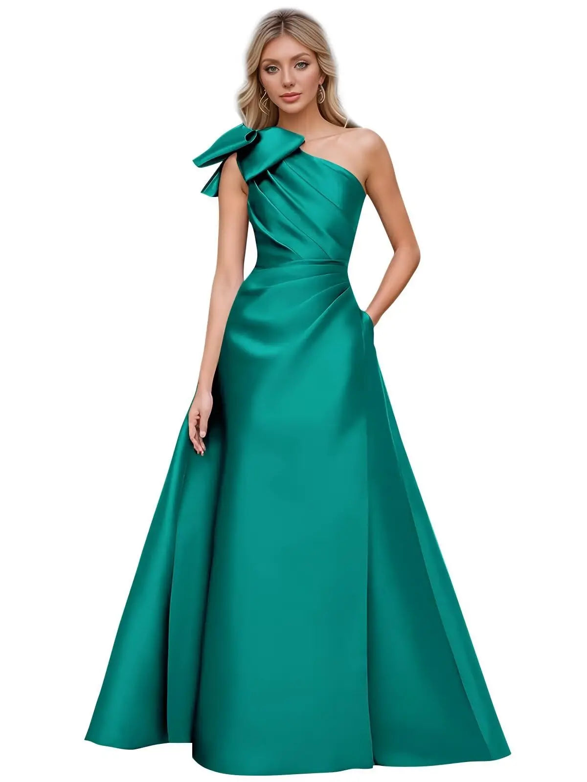 Women’s One Shoulder Prom Dresses Satin Mother of The Bride Dresses A Line Modest Formal Evening Gown with Bow