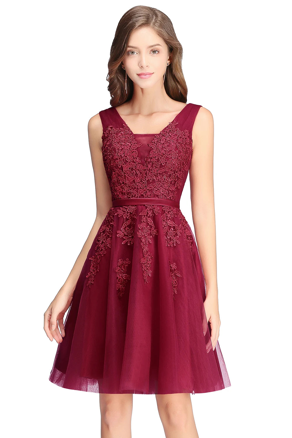 BABYONLINE Burgundy Bridesmaid Dresses with Lace Appliqué, V-Back & Flowy Tulle Skirt for Weddings,Elegant Short Party Dress