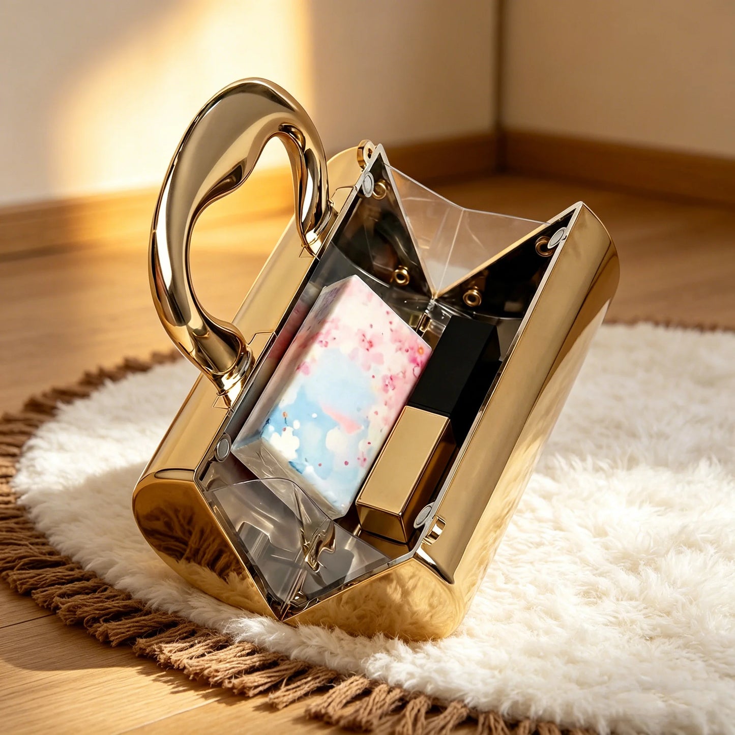 Stylish designer mini acrylic gold cylindrical clutch sparkly party bag