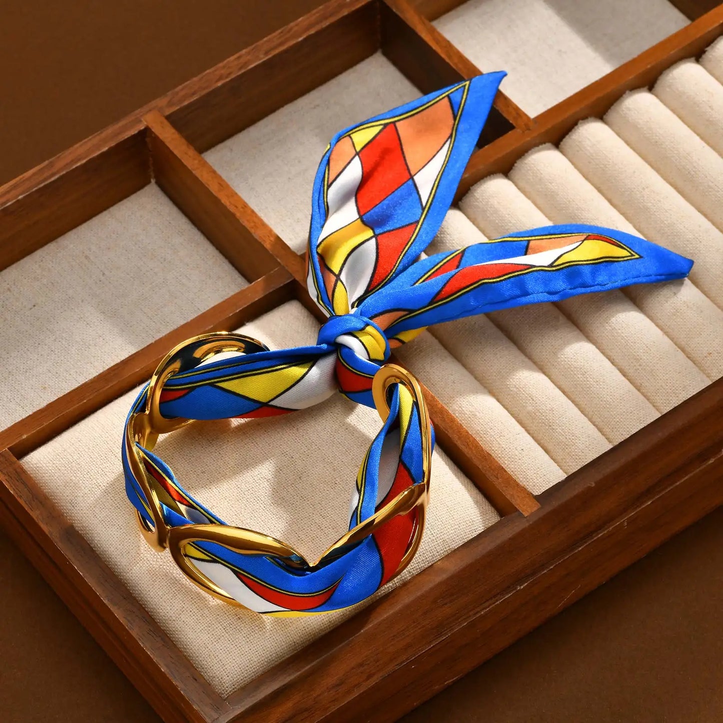 Luxury Simulated Silk Printed Silk Scarf Cuff Bracelet for Women,Stainless Steel Hollow Open Cuff Bracelets,Vintage Jewelry Gift