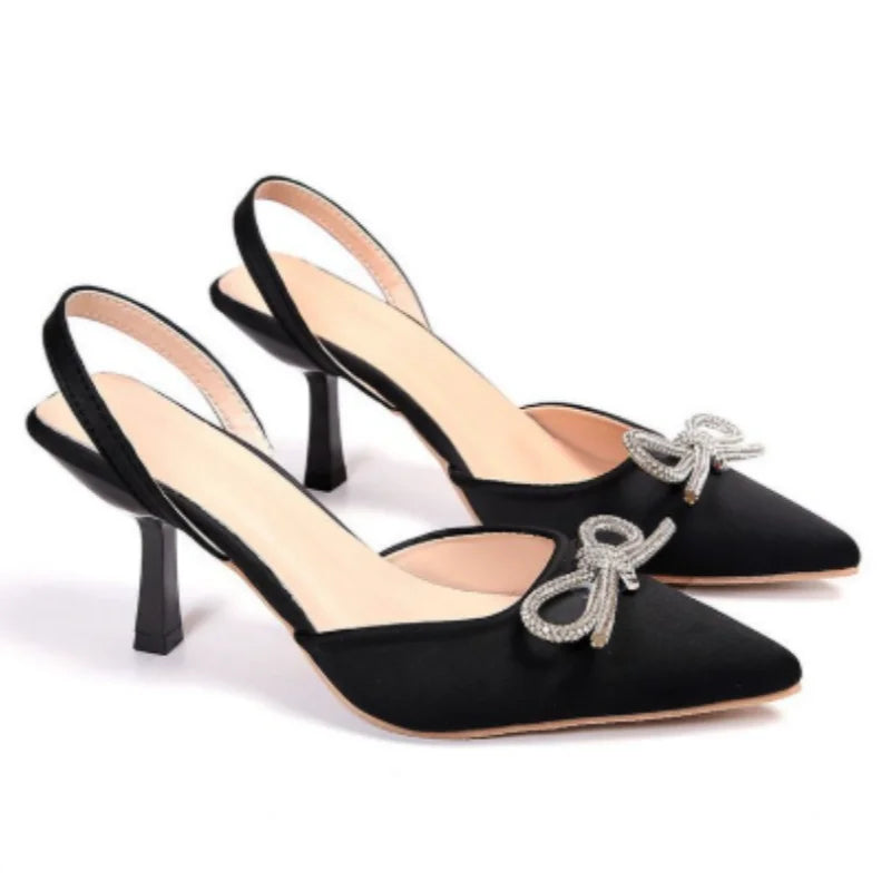 Plus-size pointed-toe high-heeled sandals - 2025 summer new style, high-quality, niche women's shoes, bow tie thin heel sandals