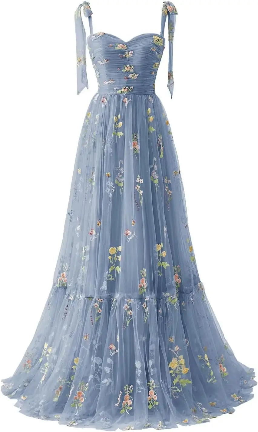 Tulle Prom Dresses for Women Flower Embroidery A-Line Formal Evening Party Gowns Formal Dress Women Elegant Evening Dress
