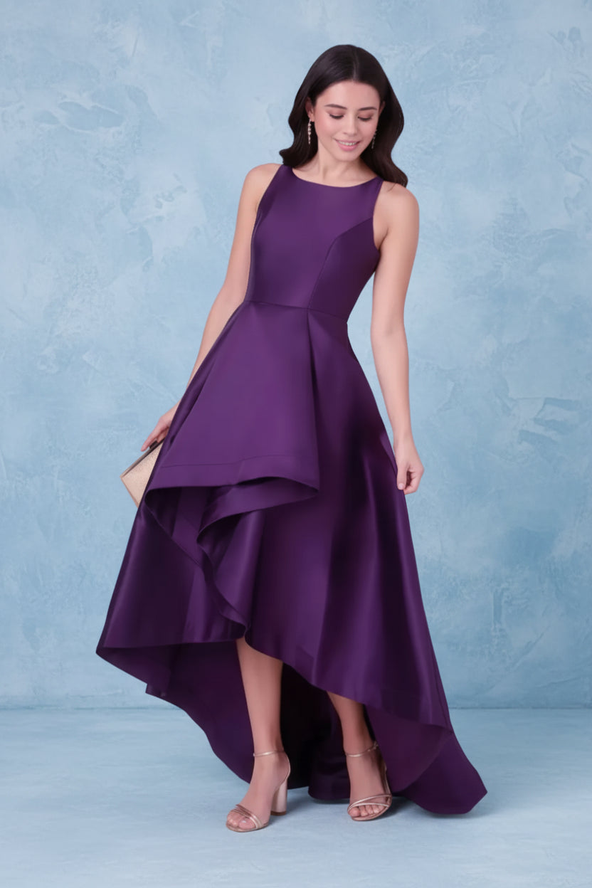 Women's Satin Hi-Low Prom Dress Sleeveless Round Neck A Line Formal Dress Elegance Evening Party Gown