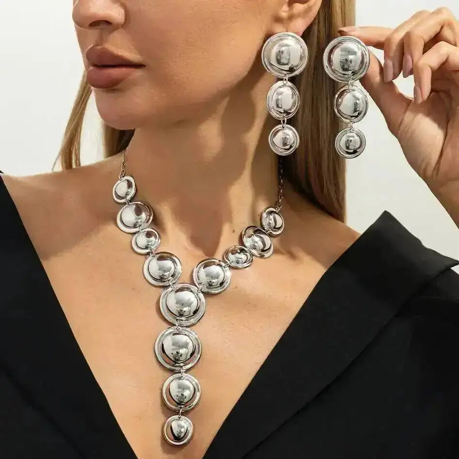 KunJoe Luxury Glossy Round Pendant Necklace Drop Earrings Jewelry Set for Women Elegant Sexy Y-Shaped Long Chain Necklace Gifts