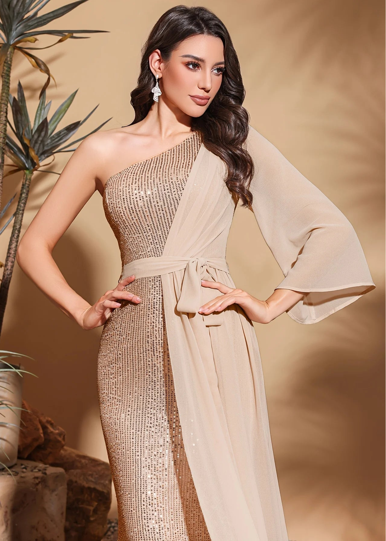 Sequined one-shoulder chiffon patchwork belt-decorated hip dress