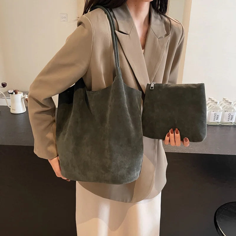 Retro Women's Suede Shoulder Bag New Solid Colors High Capacity Casual Tote Zippered Versatile Sewing Thread for Crafting