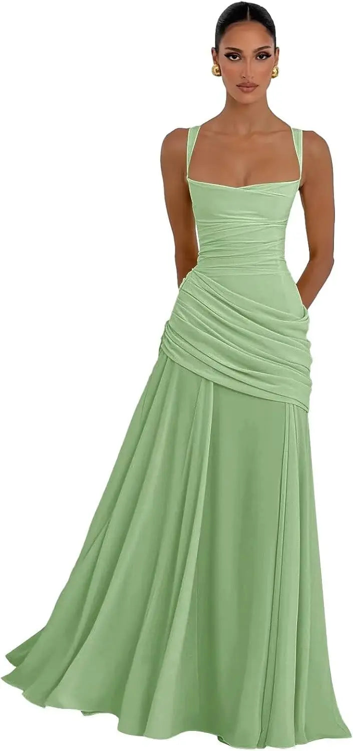 Elegant Chiffon Prom Dresses for Women Spaghetti Straps Long Bridesmaid Dress Square Neck Formal Evening Party Gowns