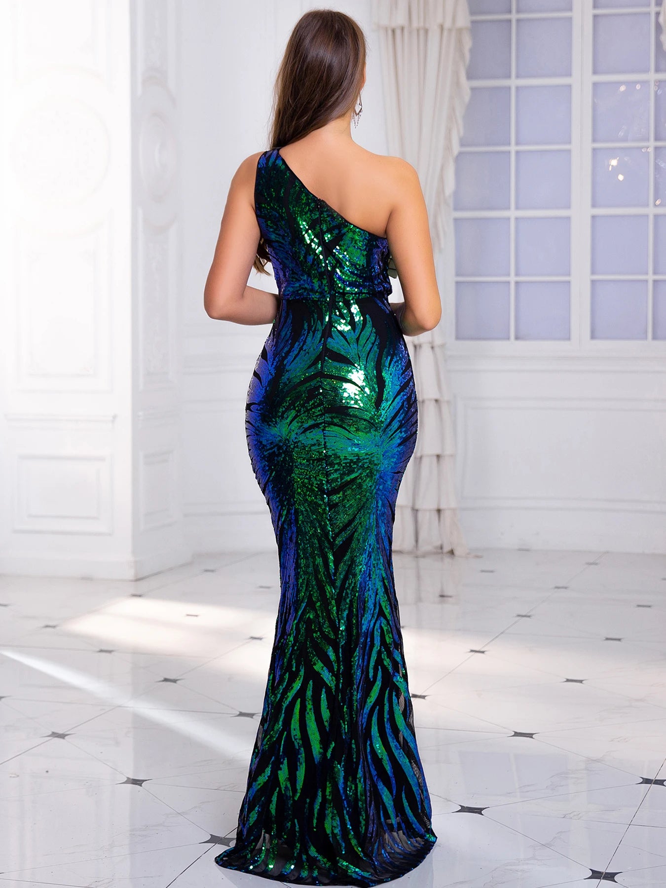 One Shoulder Sleeveless Stretchy Sequined Maxi Dress Evening Prom Night Gown Spring Summer Navy Green