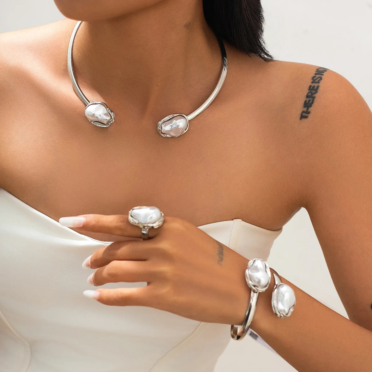 Salircon Elegant Luxury Imitation Pearl Collar Necklace Bangles Ring for Women Trend Opening Choker Bride Wedding Jewelry Set