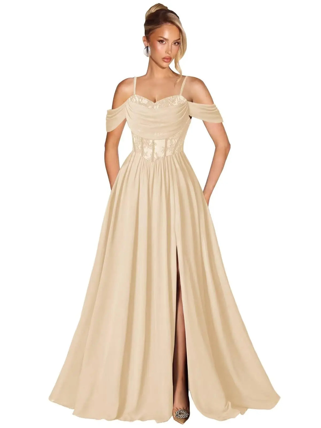 Off Shoulder Lace Applique Prom Dress
