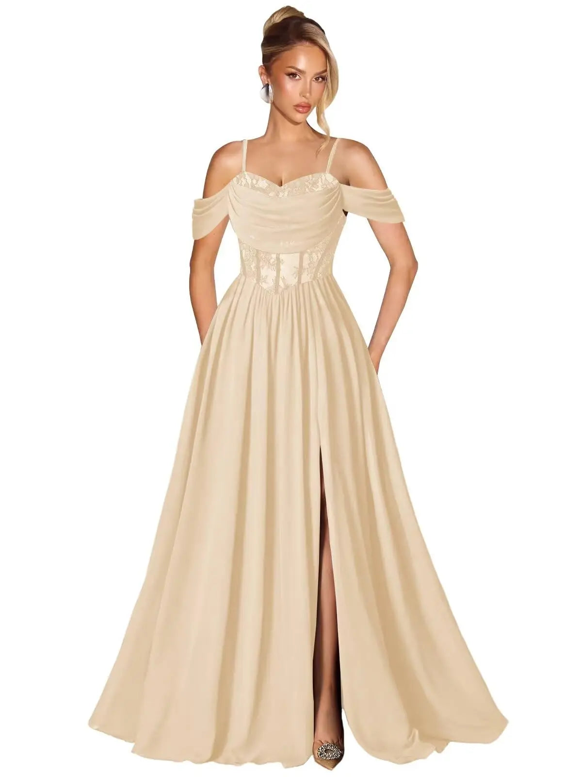 Off Shoulder Lace Applique Prom Dress