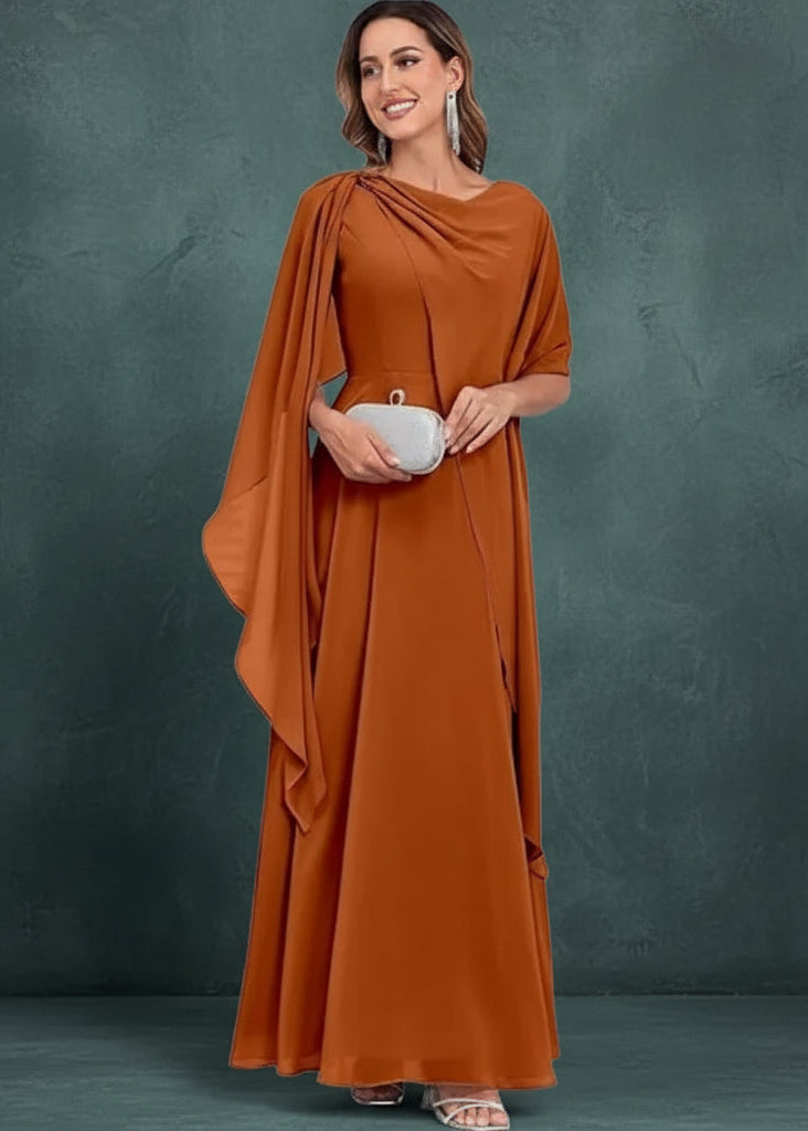 Scoop Neck Mother of The Bride Dresses Cape Shawl Ruffle Long Formal Evening Gowns Chiffon A Line Wedding Guest Bridesmaid Dress