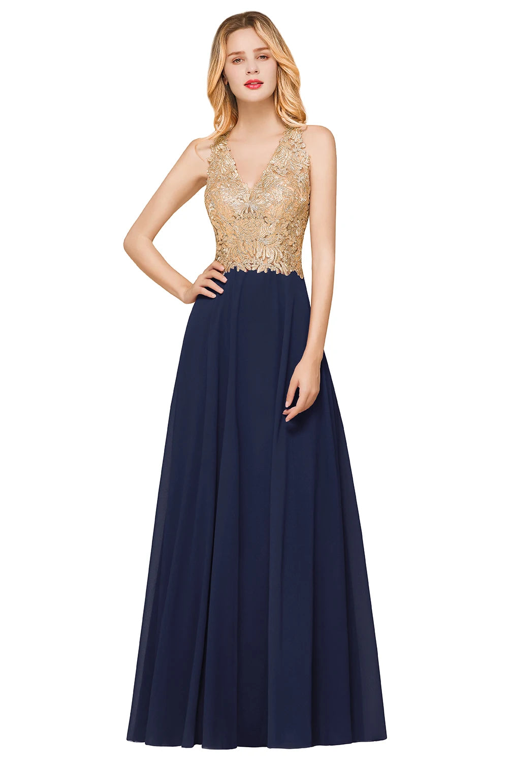 Charming V-Neck Sleelvess Bridesmaid Dress A Line Sparking Gold Appqulies Prom Formal Dresses Chiffon Gown Wedding Party Evening
