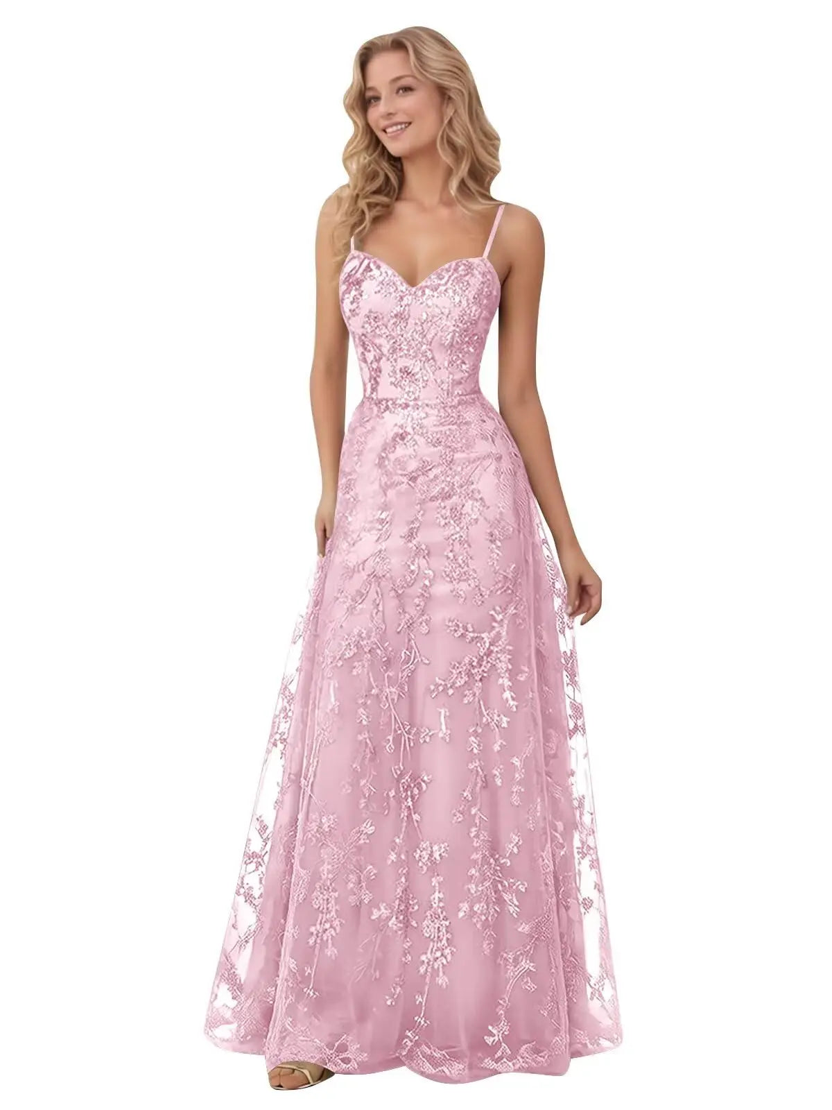 Tulle Formal Dress Laces Spaghetti Strap Sparkly Prom Dress for Women Long Evening Party Gown Formal Dress Women Elegant