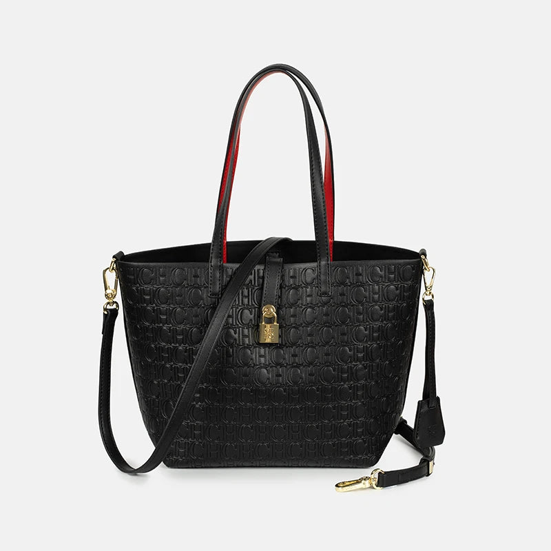 CH Embossed Monogram Tote Handbag Detachable Crossbody Strap Gold Lock Hardware Daily Fashion Women Bag